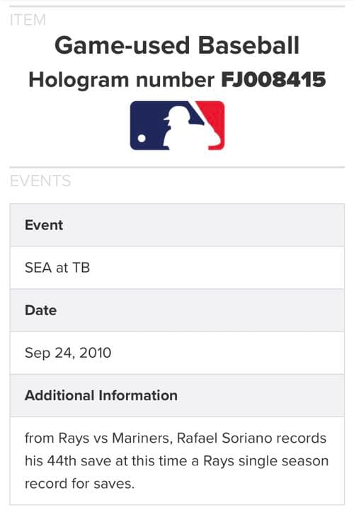 MLB実使用球（SEA@TB：10/9/24）ソリアーノ、球団新44セーブ目達成