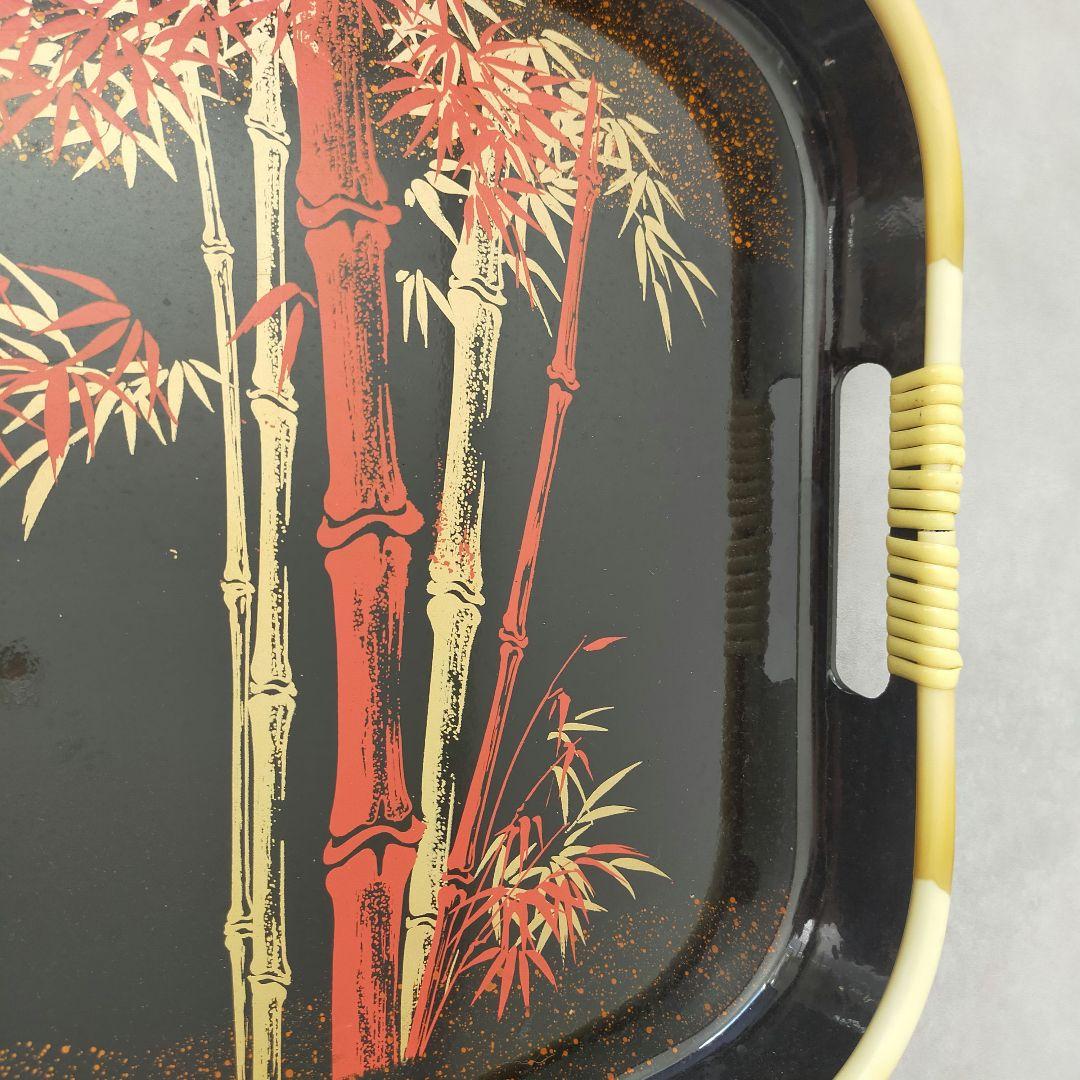【未使用】高級新作漆器 日向 竹文様 長手盆 約49×33cm 持ち手付 箱付