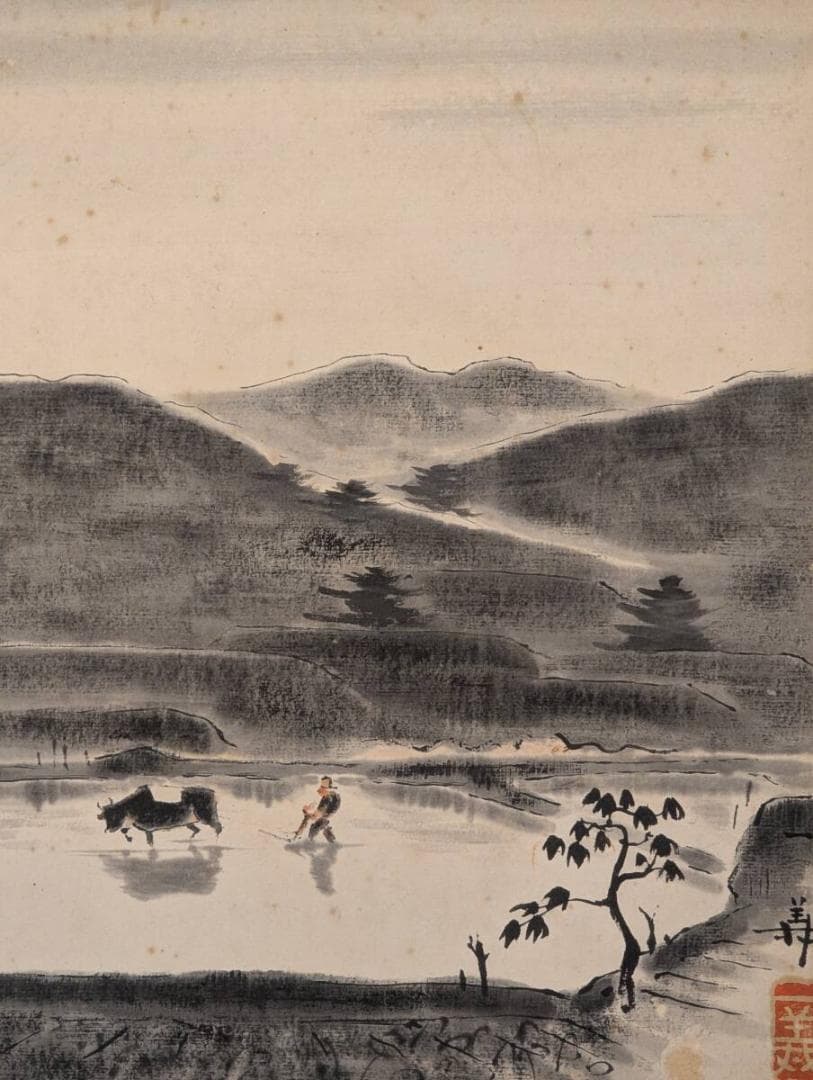 【真作】絵画　水墨画（色紙）　田園風景図　農耕と牛の情景　農村風景　Z36