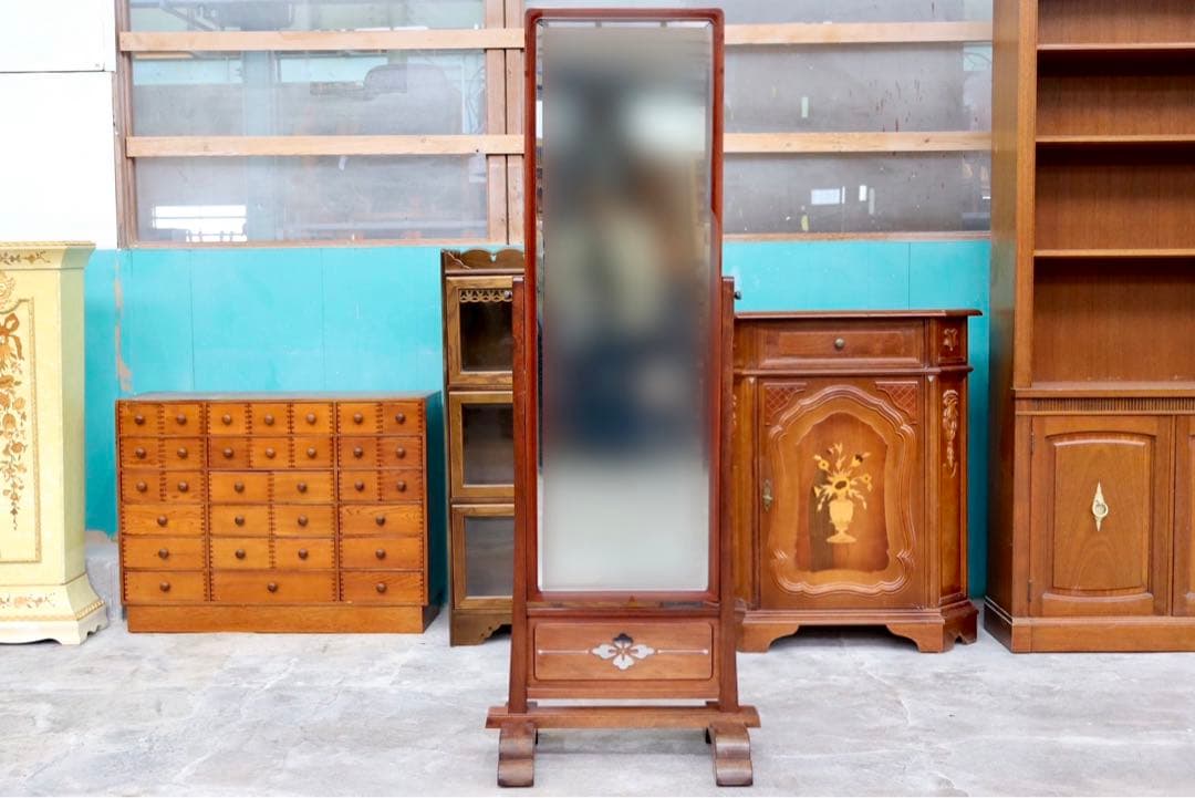 GMHK875○唐木家具 花梨 中国美術 姿見 全身鏡 ウォールミラー 和モダン