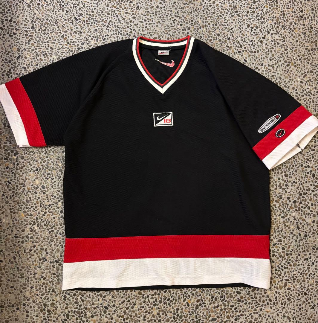 y2k NIKE 90s 銀タグ SWOOSH18 メッシュTシャツ 黒×赤×白