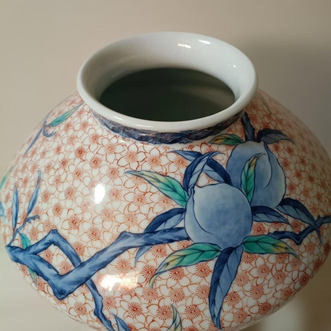 花柄陶器花瓶 ✿市川光春　鍋島御庭焼　桃文台付花瓶