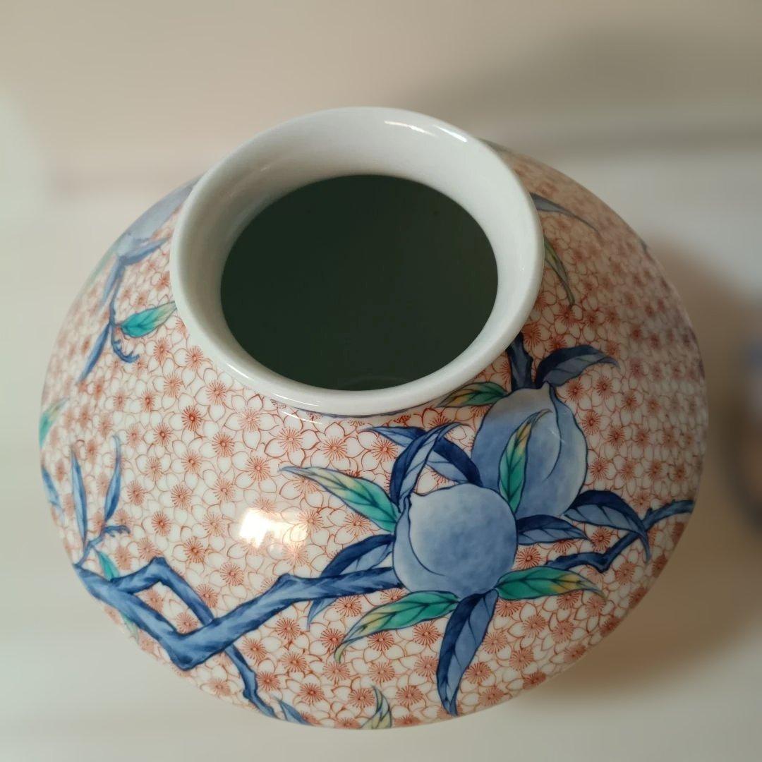 花柄陶器花瓶 ✿市川光春　鍋島御庭焼　桃文台付花瓶