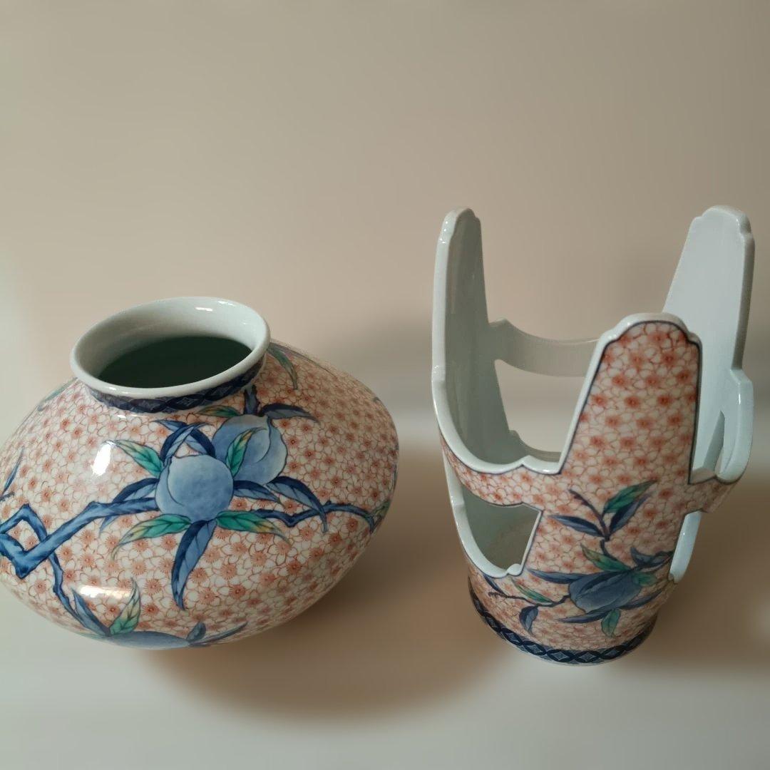 花柄陶器花瓶 ✿市川光春　鍋島御庭焼　桃文台付花瓶