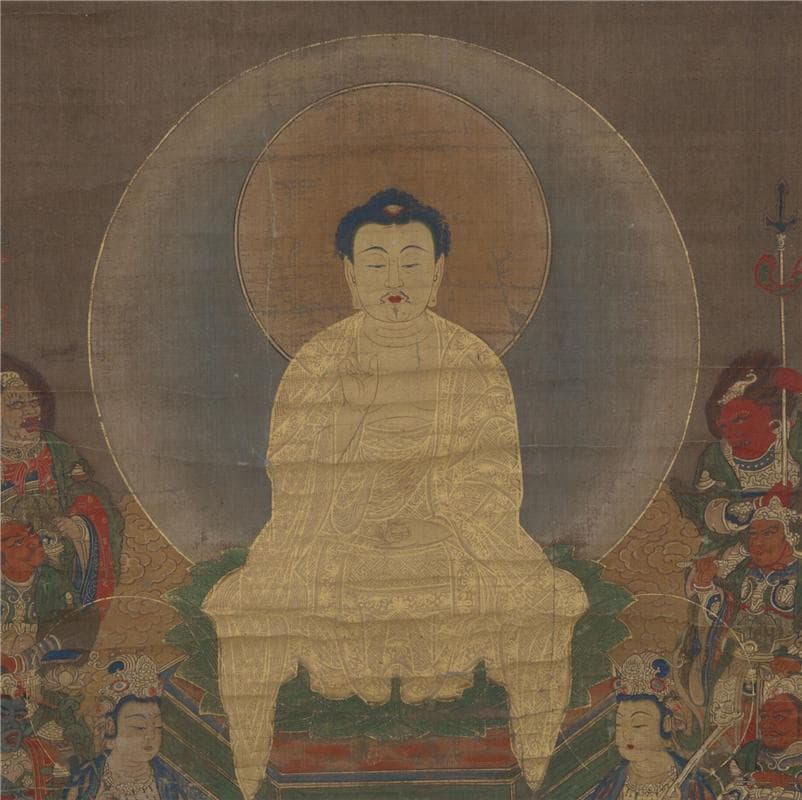 釈迦十六善神像図 釈迦図 仏画 阿弥陀仏 縦幅 釈迦 絹布 絹本 掛け物 未表装