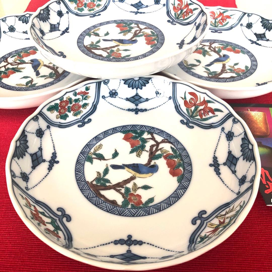 九谷焼 青郊窯 6号皿揃 染付瓔珞紋花鳥　５枚セット【新品未使用品】
