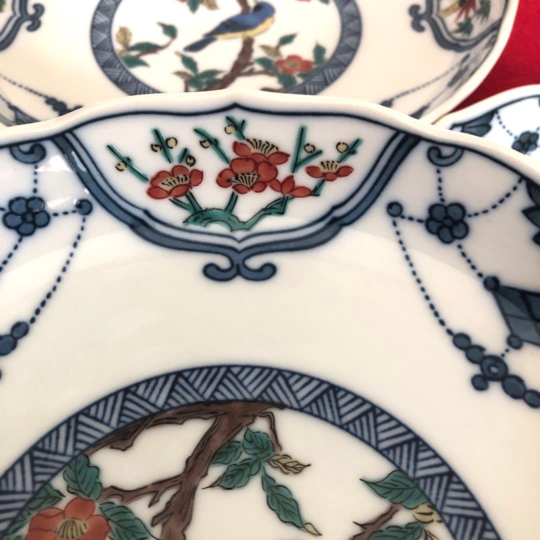 九谷焼 青郊窯 6号皿揃 染付瓔珞紋花鳥　５枚セット【新品未使用品】
