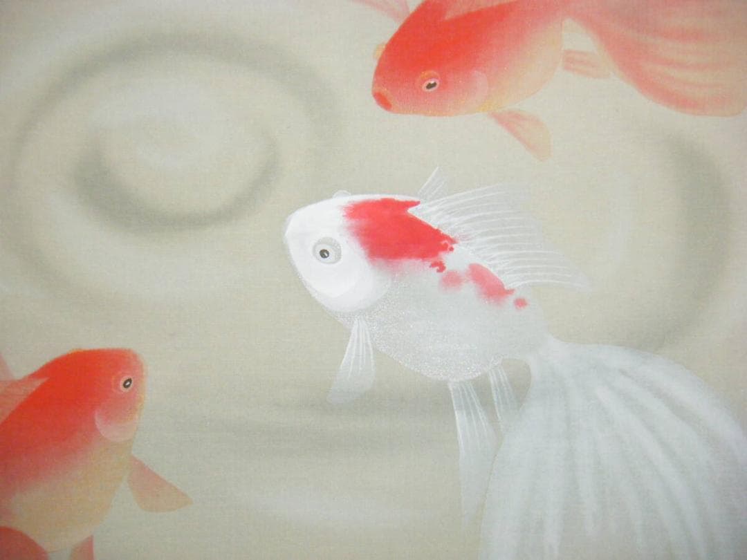 【真作】掛軸　仲田龍安　金魚　人気画家　精密描写　共箱入　O174