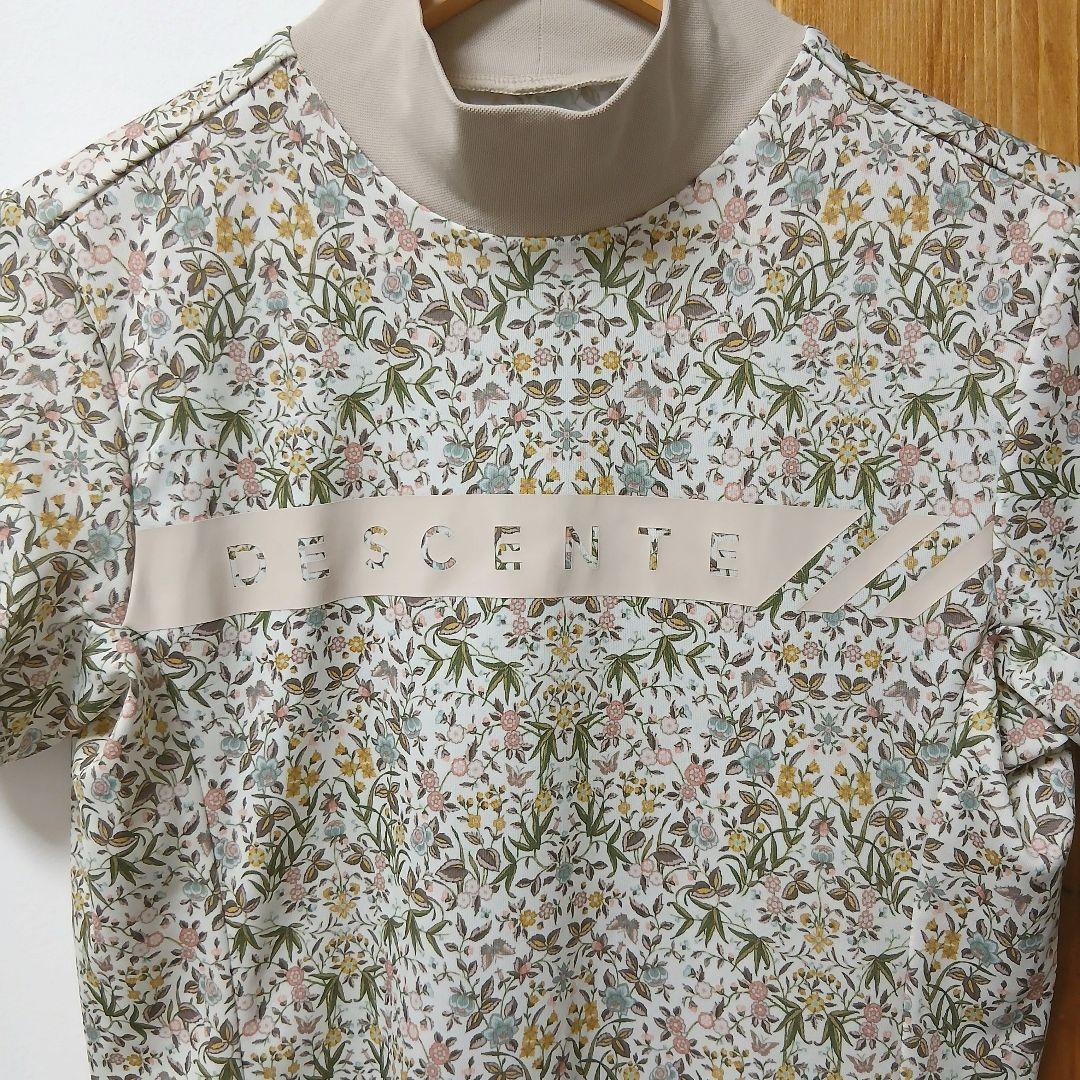 デサントゴルフ　レディース　半袖モックネック　ボタニカル柄　M　ベージュ系　美品