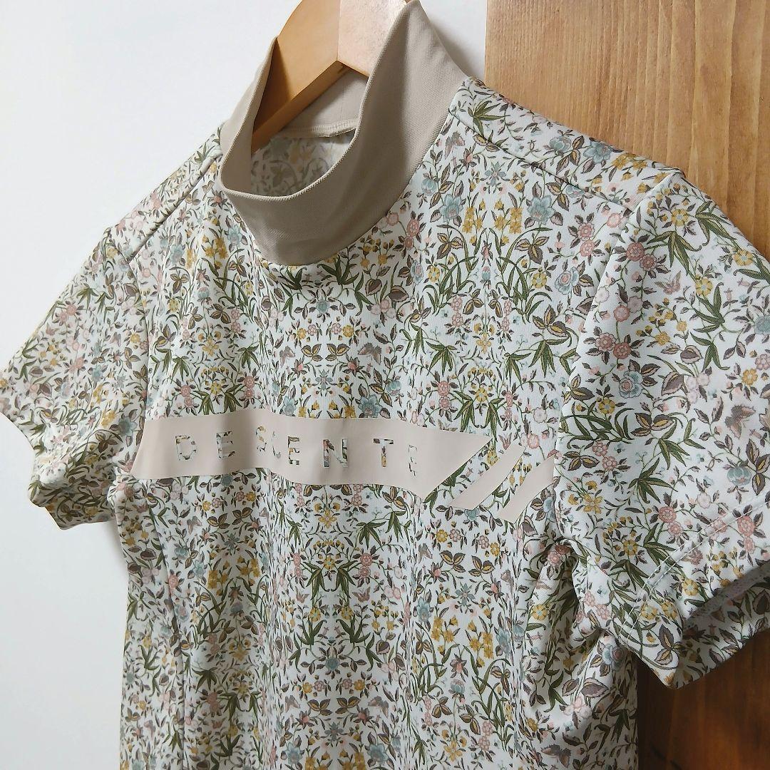 デサントゴルフ　レディース　半袖モックネック　ボタニカル柄　M　ベージュ系　美品