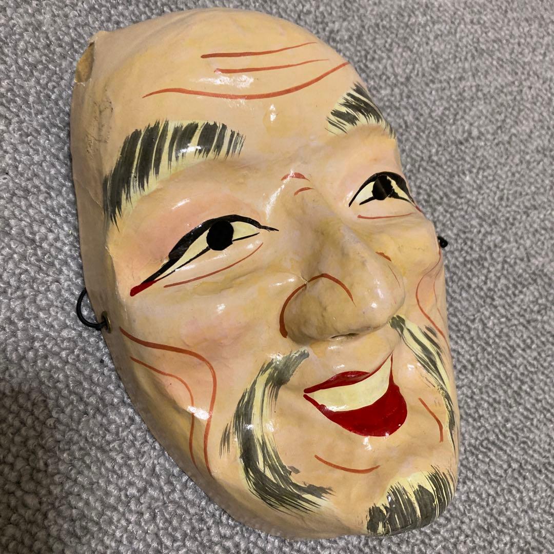 明治期 張り子面 翁面 老人面 民俗芸能 古面 骨董 和紙面 アンティーク ２
