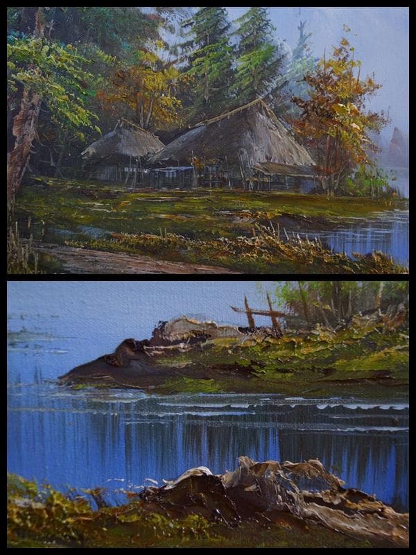 大型油絵『山水風景』肉筆油絵 風景画 作者在銘 木製額★時代物★