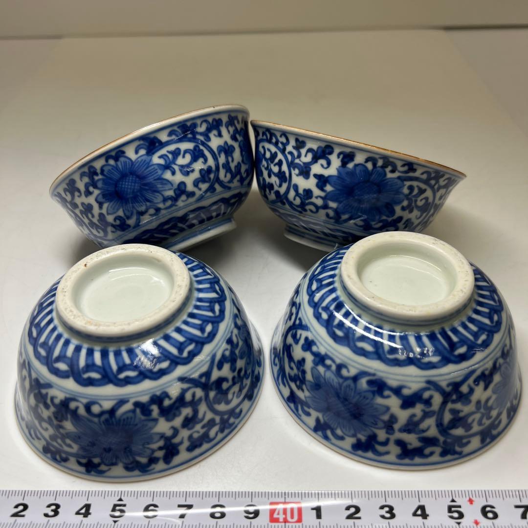 中国美術　新渡唐草青花煎茶碗4客　口径約9.5㎝　東Y8-0402②