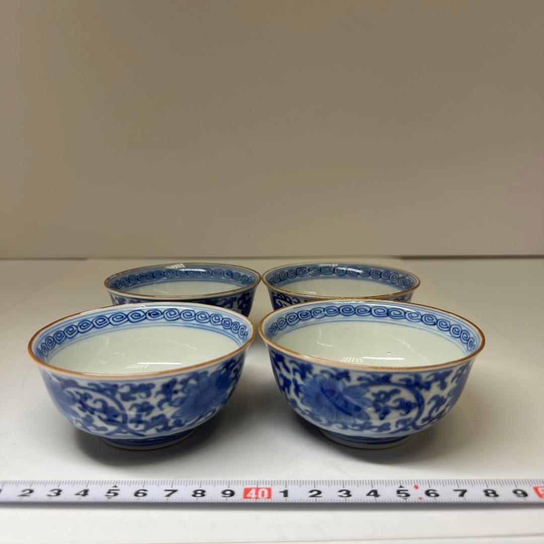 中国美術　新渡唐草青花煎茶碗4客　口径約9.5㎝　東Y8-0402②
