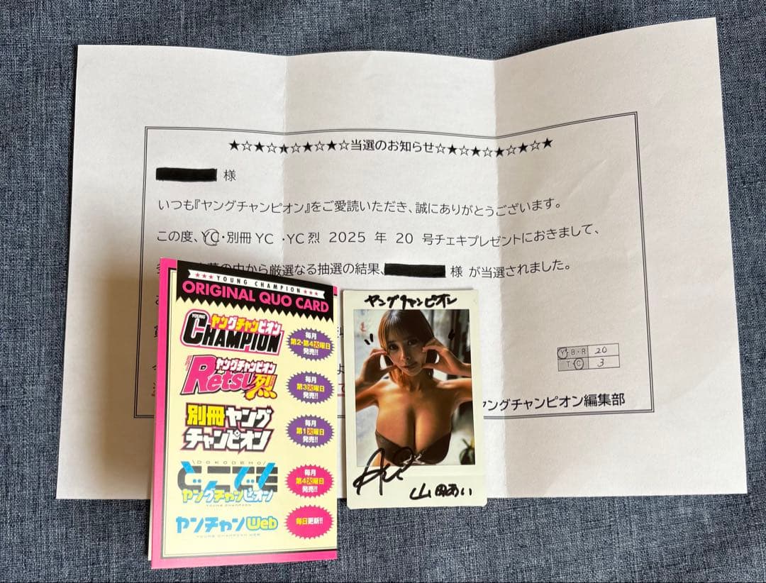山田あい 直筆サイン入りチェキ 抽プレ 当選品 ヤングチャンピオン　水着