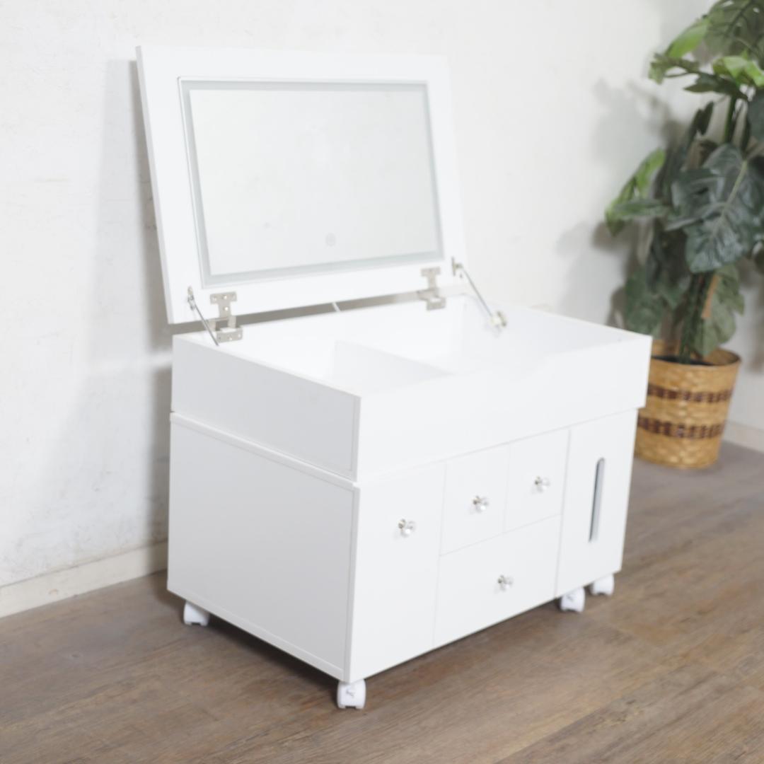 【新品】3色LEDライト付 伸縮ドレッサーワゴン（女優ミラー/デスク兼用