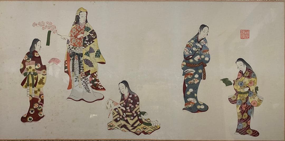 浮世絵 桃山風俗絵図 美人画(美人五人)絹本額入 藤工芸謹製