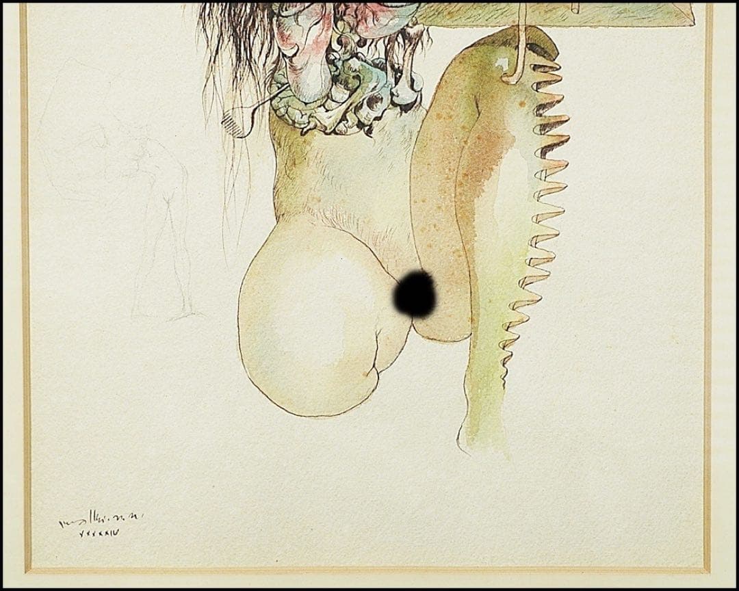 真作保証、古沢岩見 作、水彩画、人物画