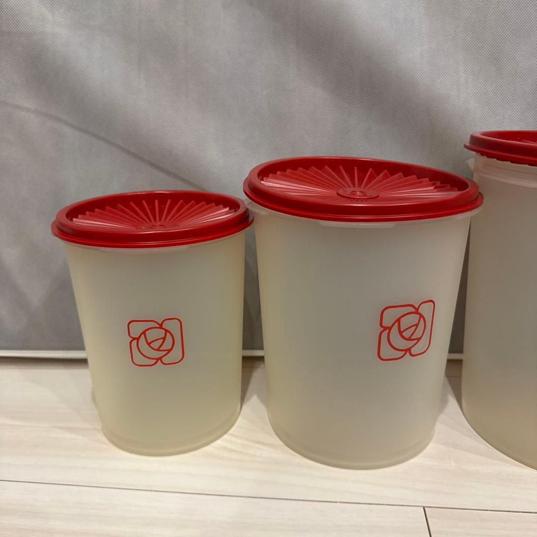 レトロ　デコレーター　食品保存容器 4個セット クリア・赤 タッパーウェア