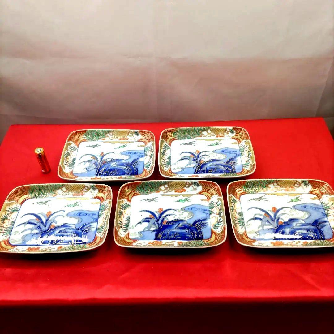 有田焼　伊万里焼　古伊万里　金彩　色絵　小皿　角皿　長角皿　刺し身皿　5客セット