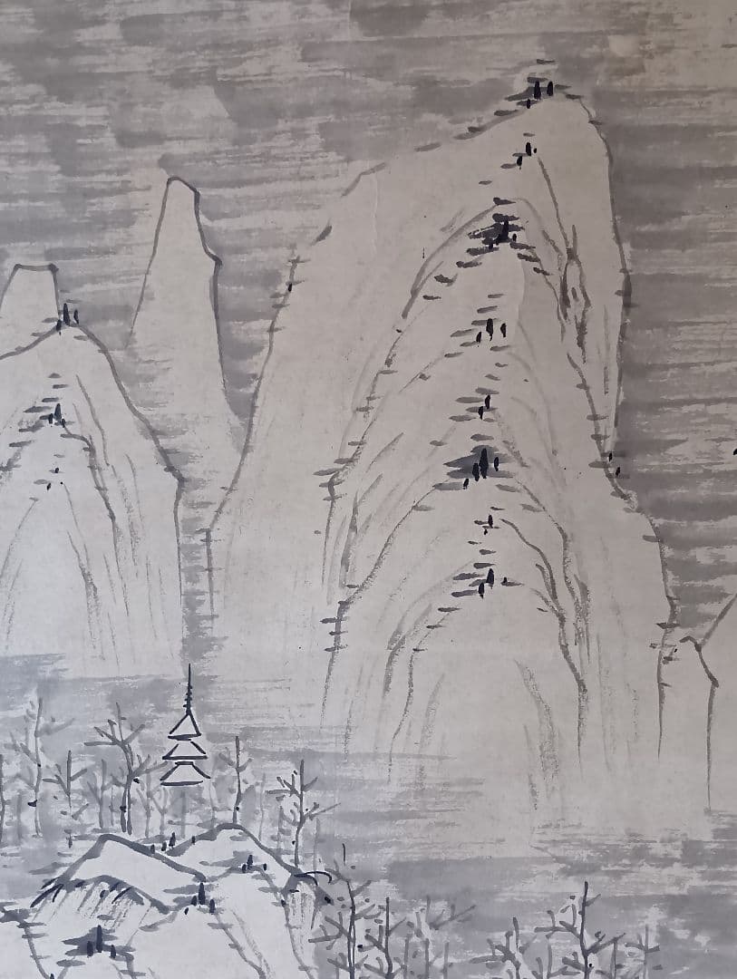 田能村直入・軸「老人観楼閣図」/桐箱入り