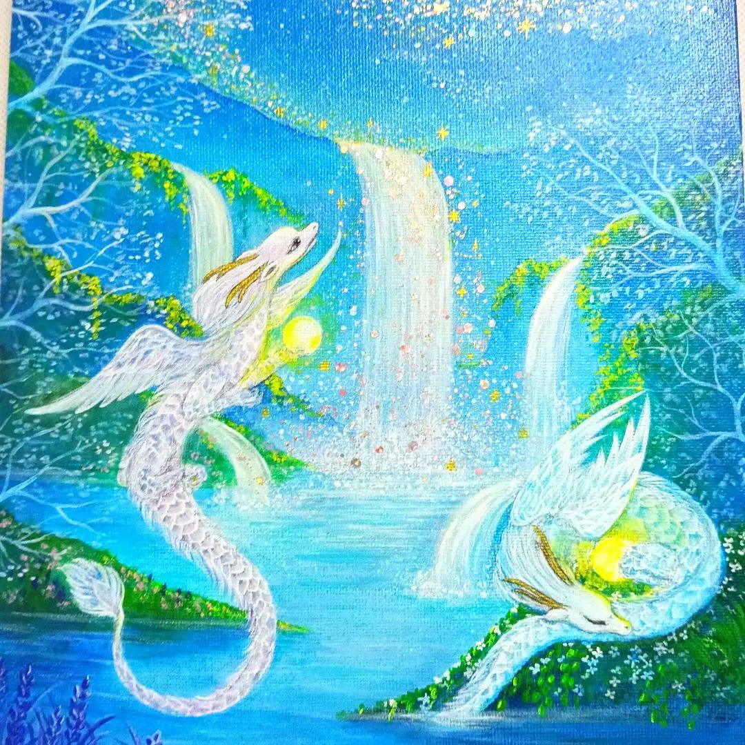 No.511 F3キャンバスアクリル画 ドラゴン　龍 開運絵画　龍の絵 星空　滝