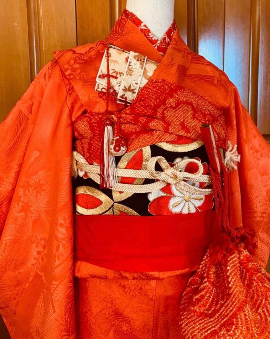 七五三　着物セット　正絹　7歳　女の子　赤　朱色　無地