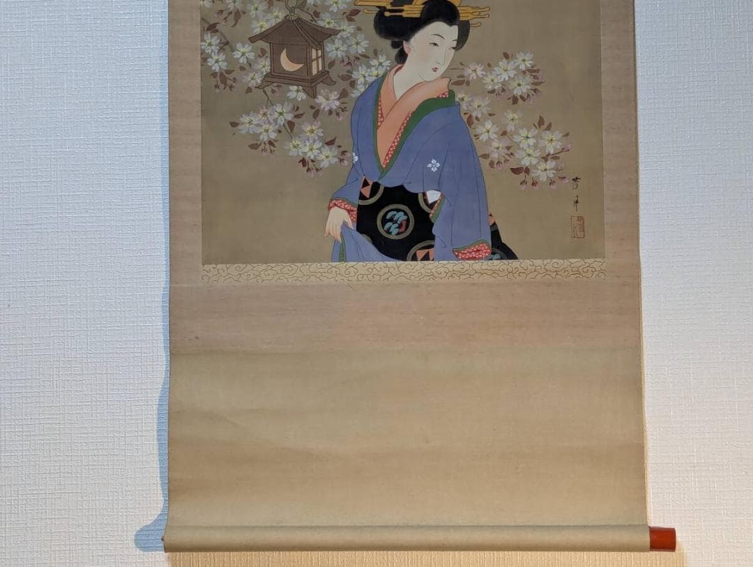 【真作】掛軸　横尾芳月　美人画掛軸　花灯りに佇む佳人図 V139