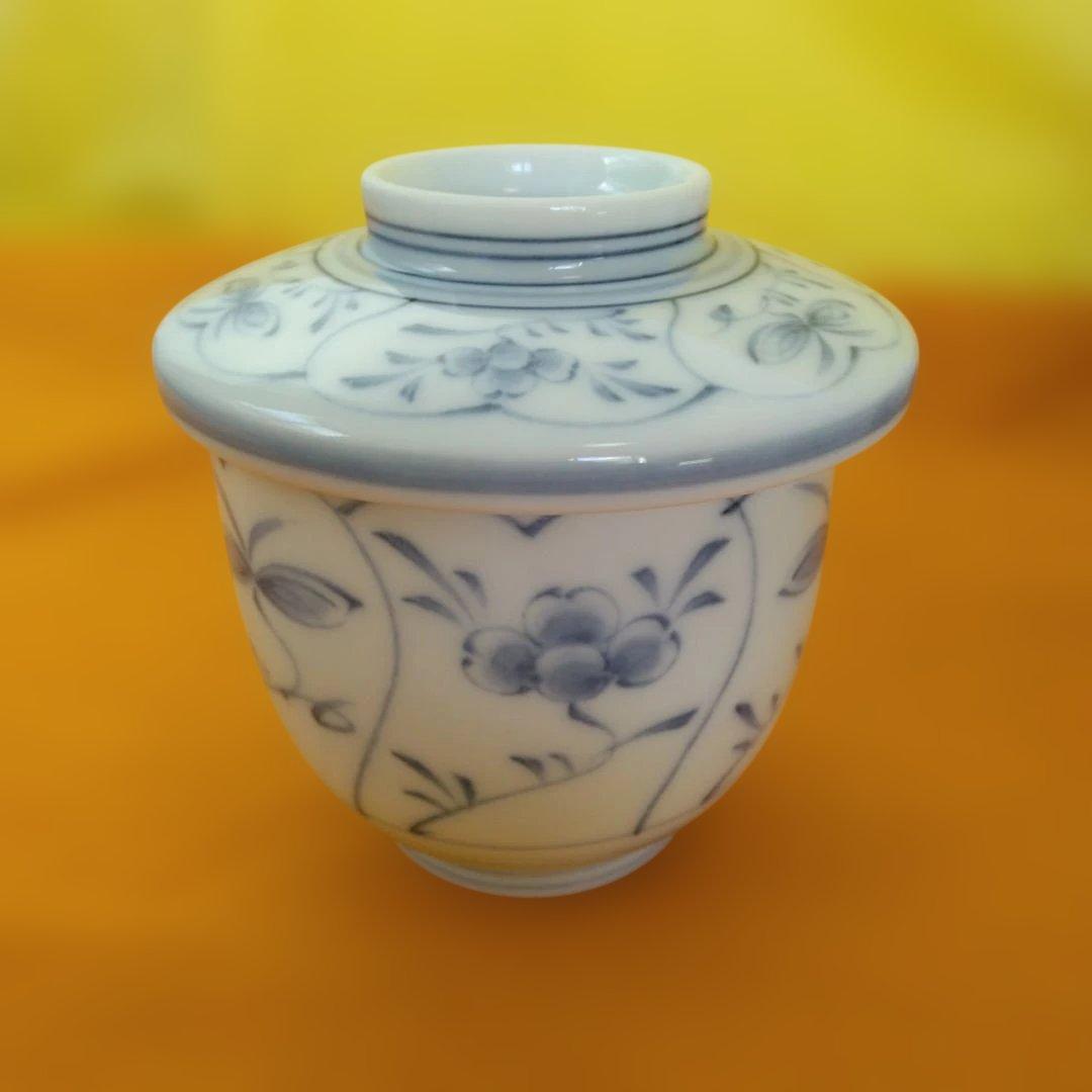 有田焼　光峰釜　白磁藍色草花手描き茶碗蒸し器　18個