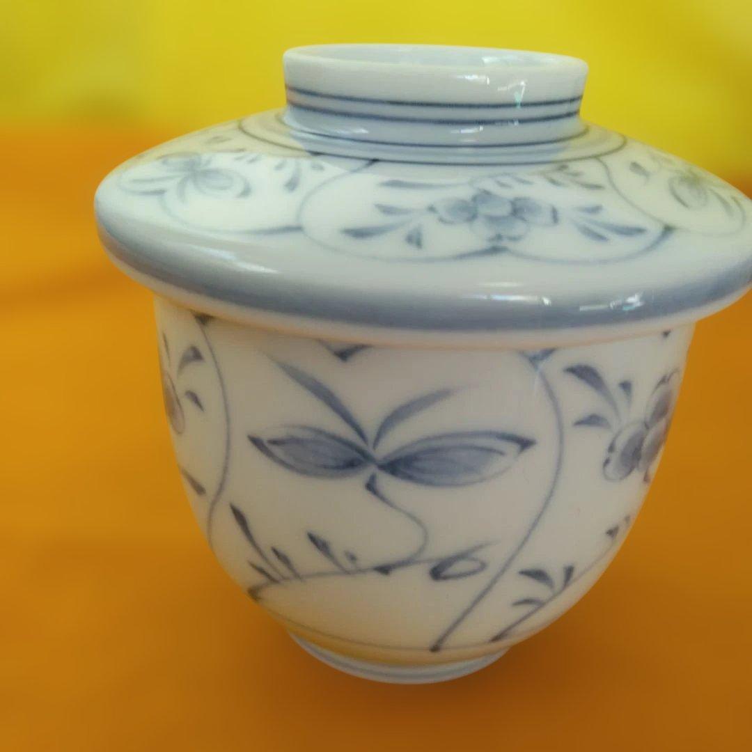 有田焼　光峰釜　白磁藍色草花手描き茶碗蒸し器　18個