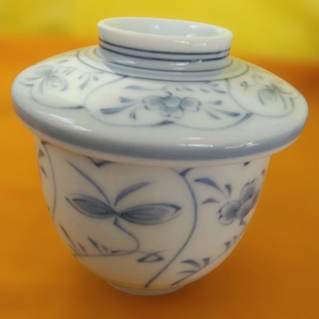 有田焼　光峰釜　白磁藍色草花手描き茶碗蒸し器　18個