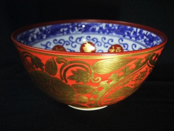 鳳凰 牡丹文 金襴手鉢 粟田窯 銘佳山「南山似福東海如寿」京焼 清水焼 鉢