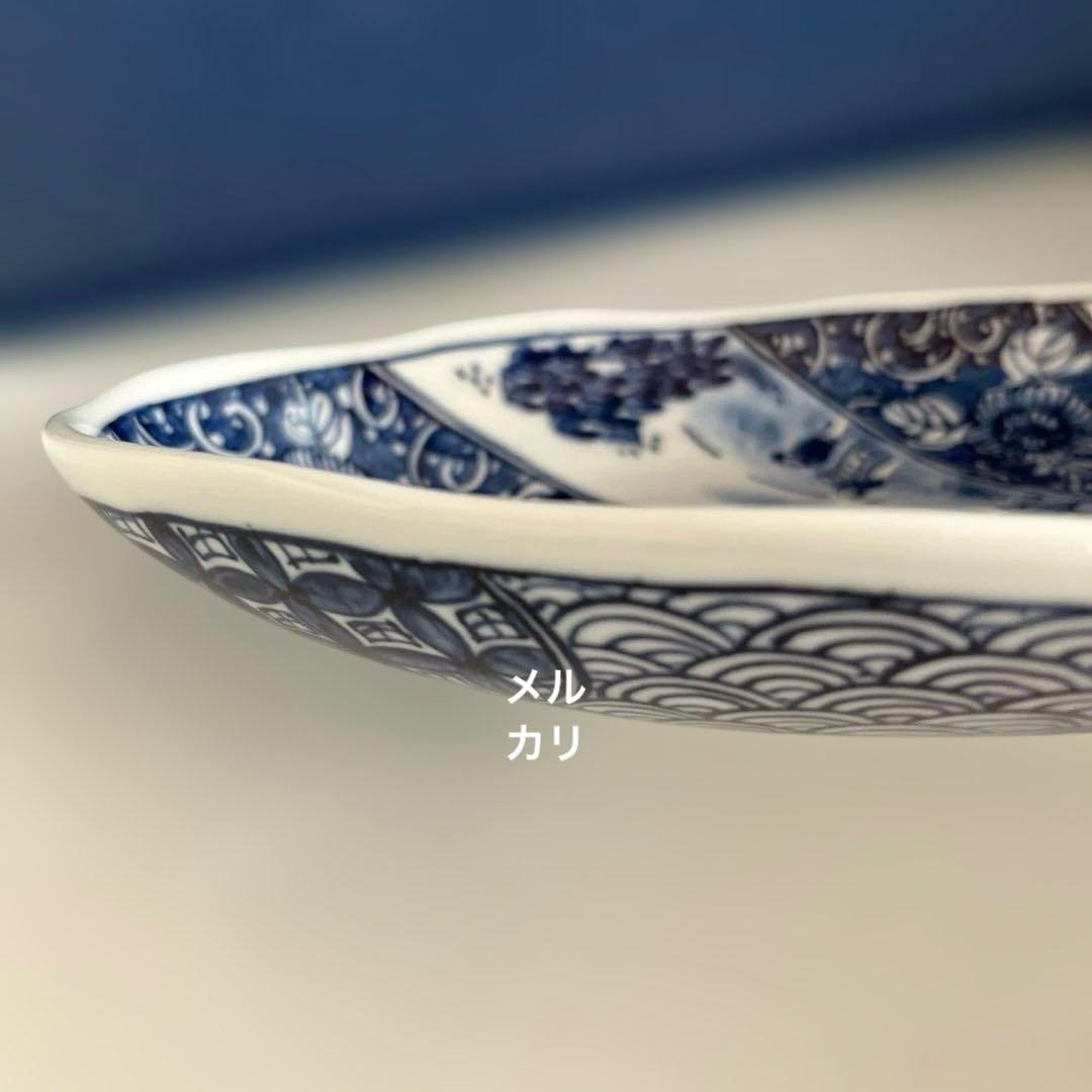 有田焼　幸麓窯　楕円皿　手描き染付　大皿　盛り皿　祥瑞山水　牡丹唐草　美品