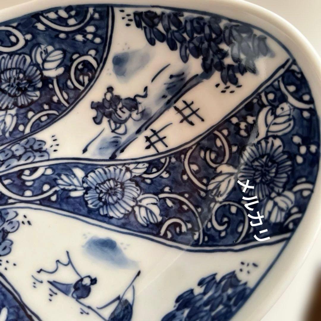 有田焼　幸麓窯　楕円皿　手描き染付　大皿　盛り皿　祥瑞山水　牡丹唐草　美品