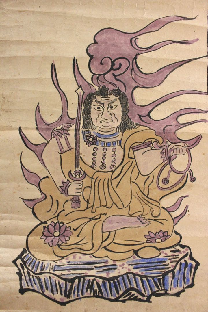 No5950 掛軸　古画　無落款　不動明王坐像　紙本着色　仏教美術　送料無料