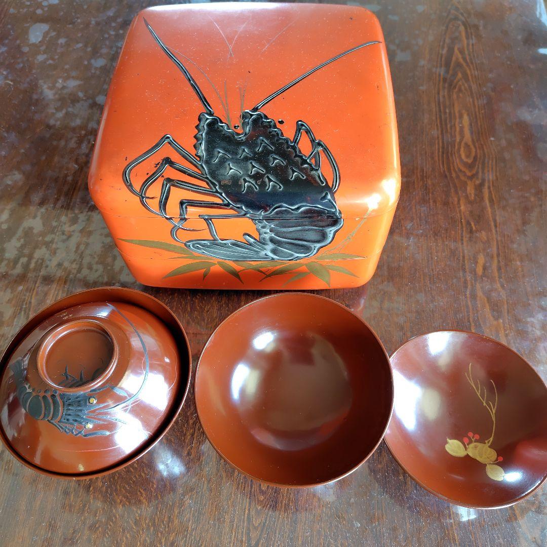 明治レトロ★海老柄御椀2個&昭和レトロ★海老柄 漆器重箱