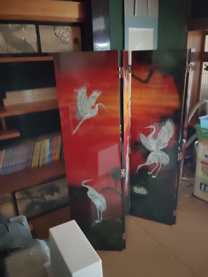 手描き鶴の木製屏風 4つ折り