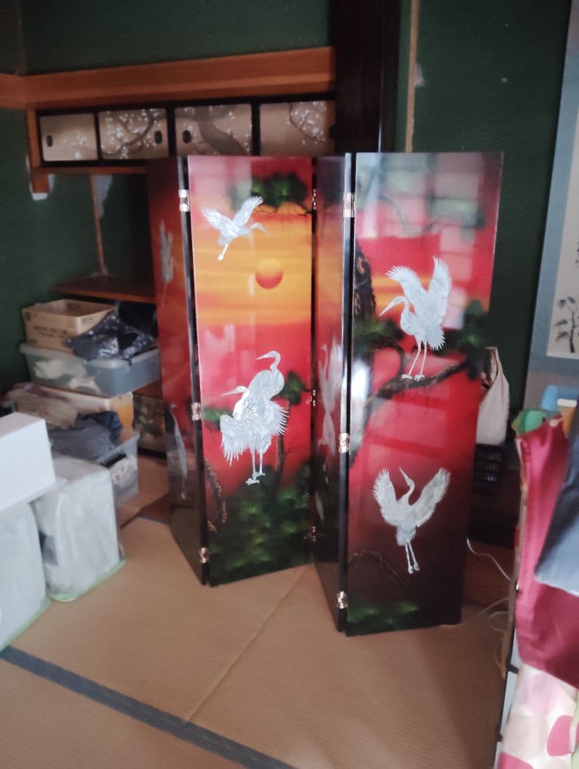 手描き鶴の木製屏風 4つ折り