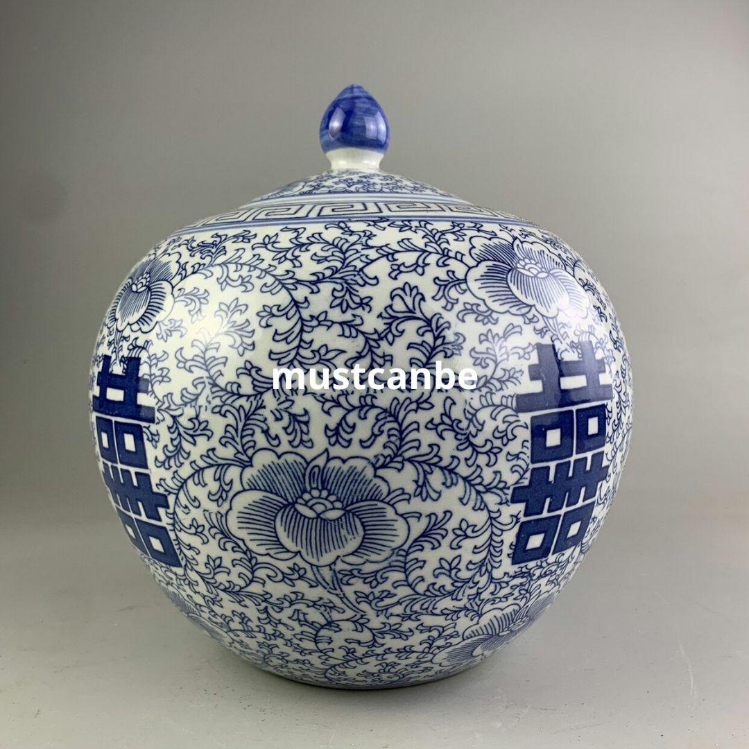 青花喜字円缶茶筒 景徳鎮 陶磁器 装飾品 現代工芸品 美術品 置物