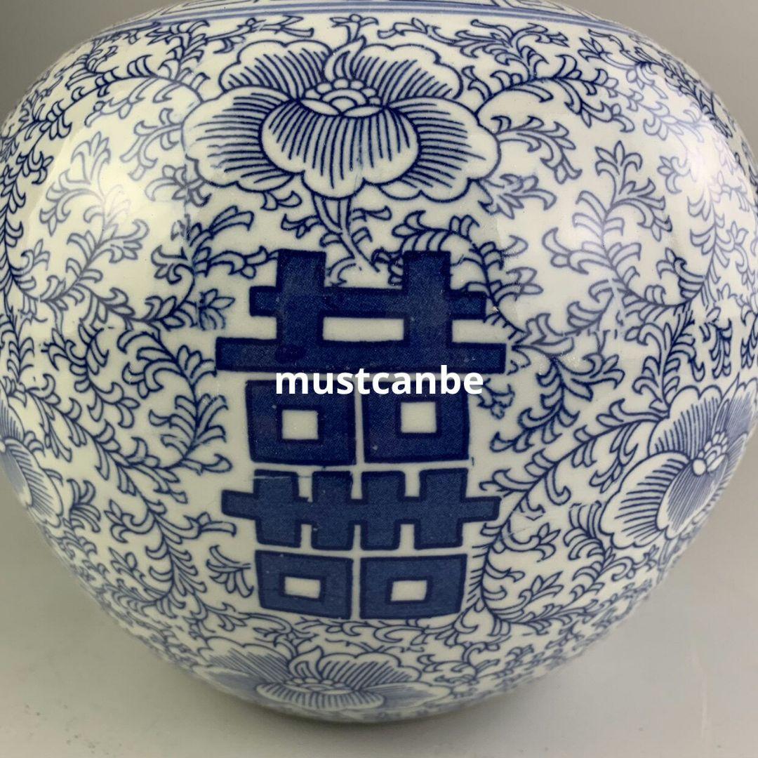 青花喜字円缶茶筒 景徳鎮 陶磁器 装飾品 現代工芸品 美術品 置物