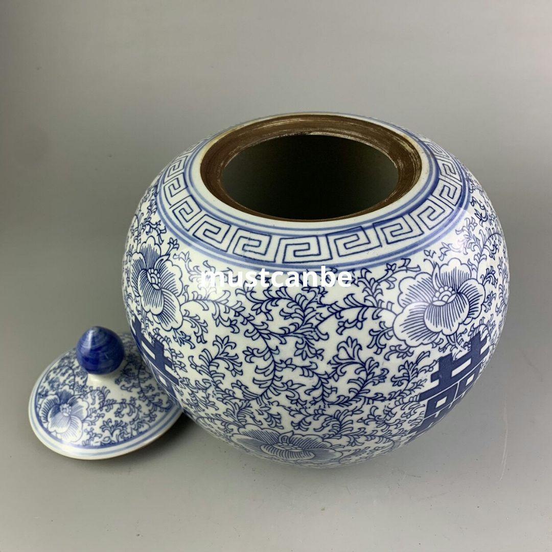 青花喜字円缶茶筒 景徳鎮 陶磁器 装飾品 現代工芸品 美術品 置物