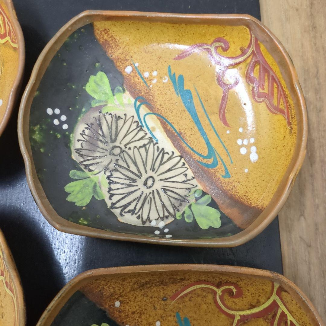 骨董　向付　水流に菊　角皿　色絵　皿　陶器　アンティーク　5枚