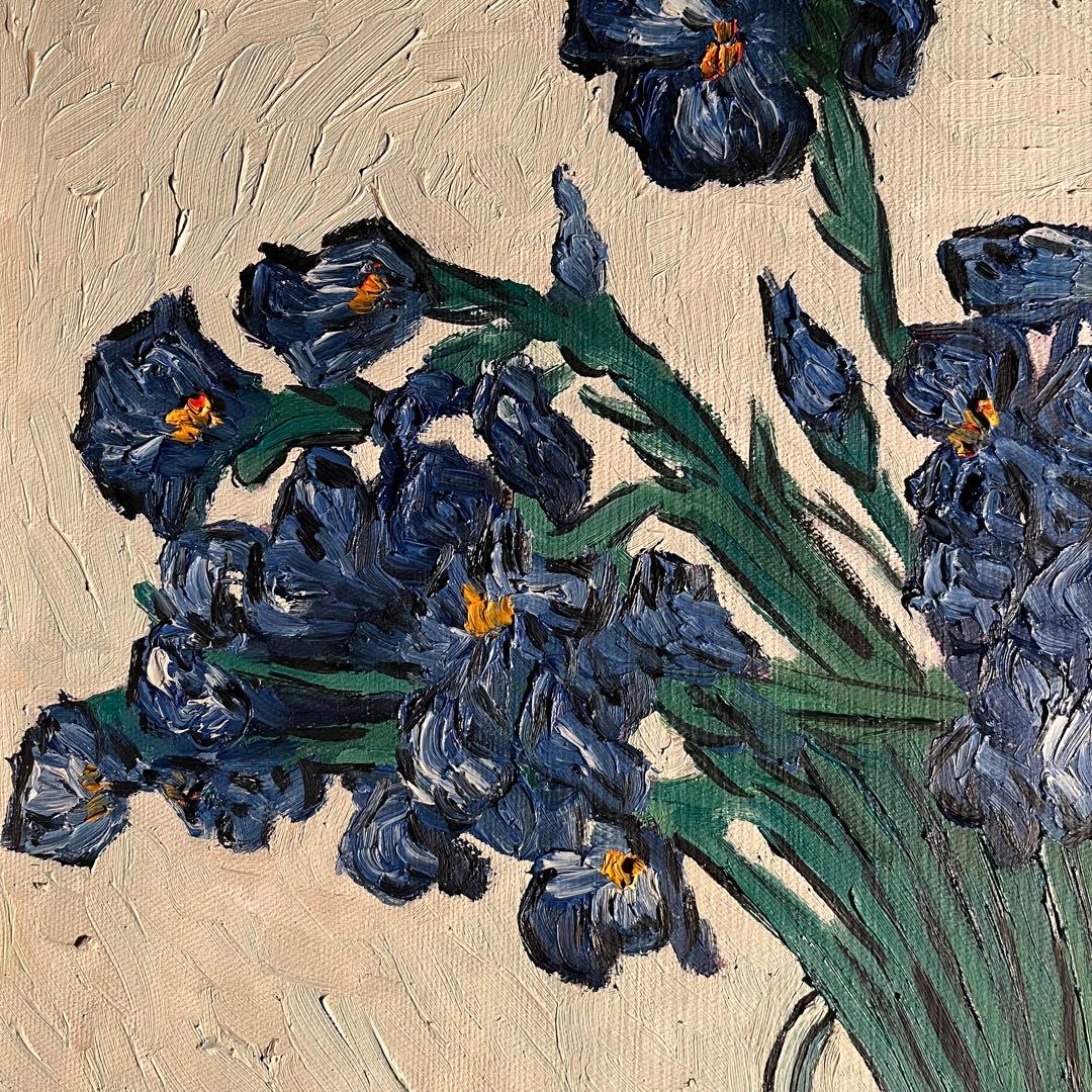 ★秀作★手書き油絵 ゴッホ 花瓶のアイリス 肉筆絵画 額付き インテリア 油彩画