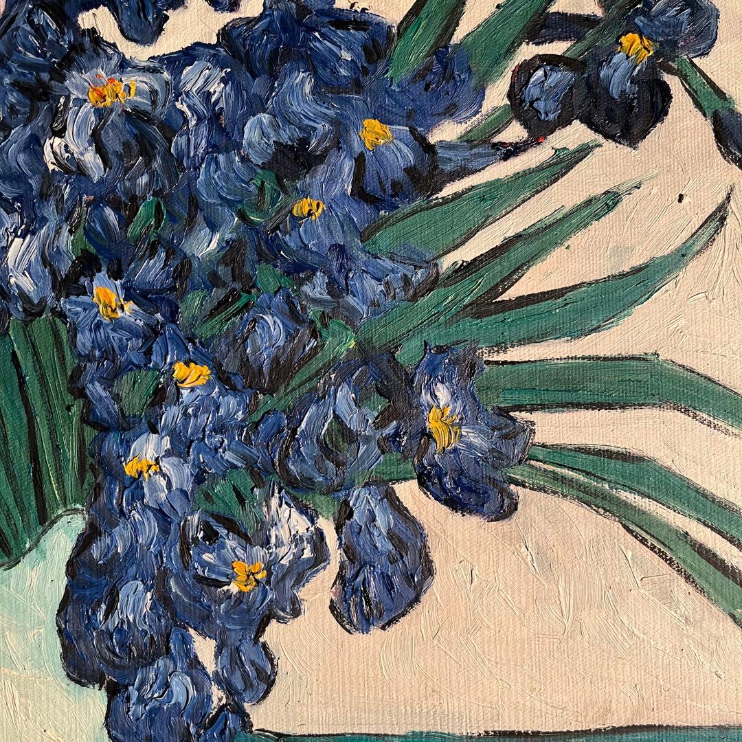 ★秀作★手書き油絵 ゴッホ 花瓶のアイリス 肉筆絵画 額付き インテリア 油彩画