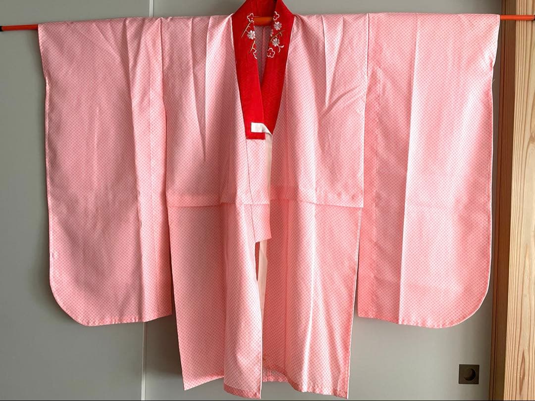 フルセット　七五三７歳女の子　着物　朱地　薄手　緑袋帯　小物セット