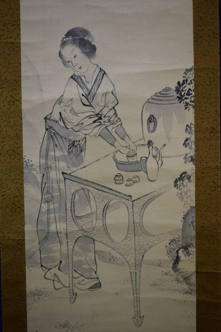 真作/古市金峨/唐美人図/絹表装/布袋屋掛軸HF-234