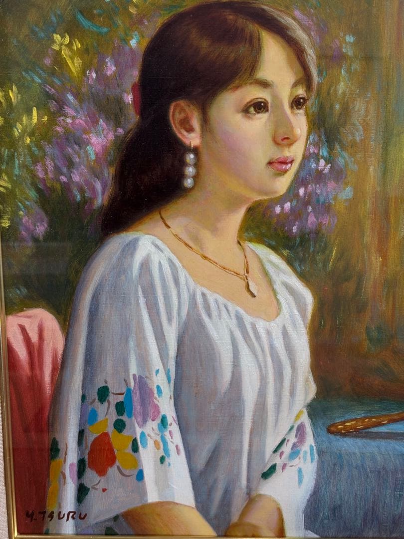 昭和美人画 油彩 F6 女性像 鶴村義美 サイン有 額装 レトロ 絵画