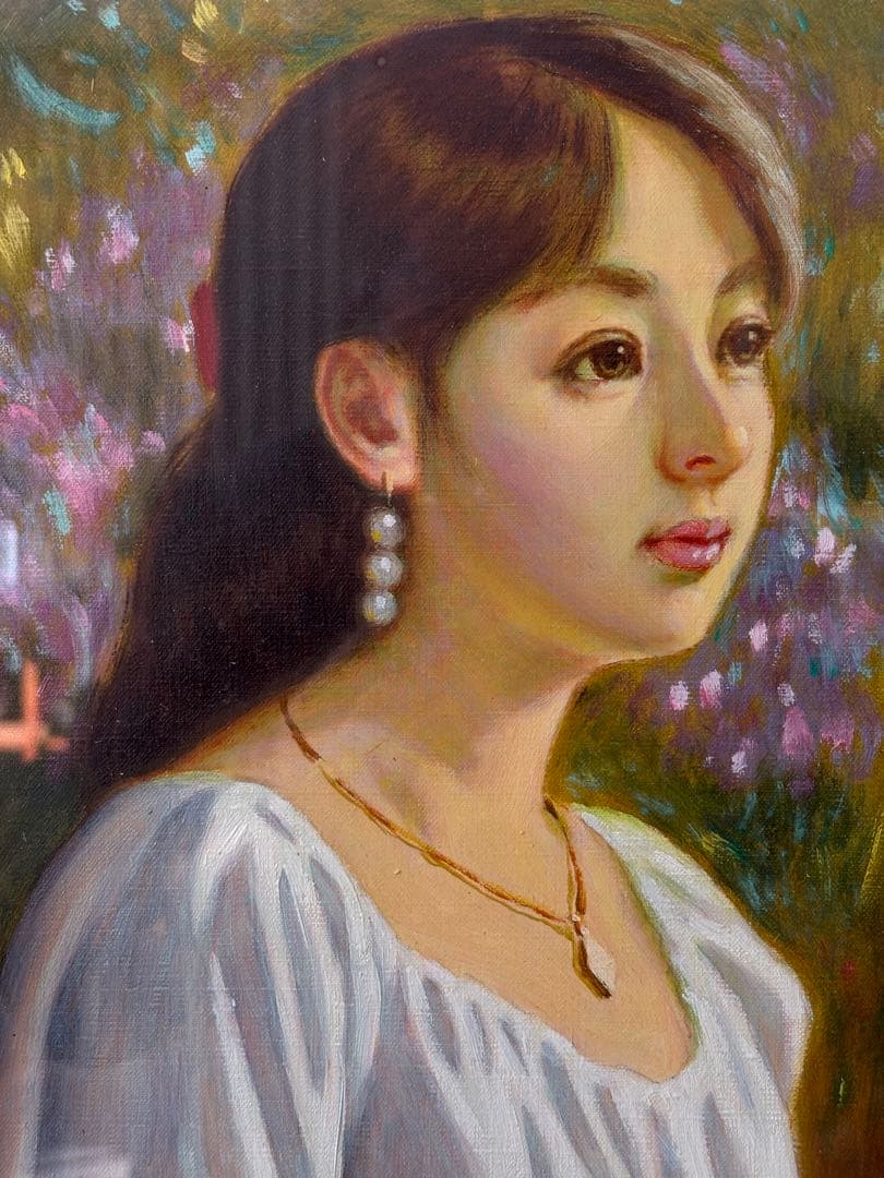 昭和美人画 油彩 F6 女性像 鶴村義美 サイン有 額装 レトロ 絵画