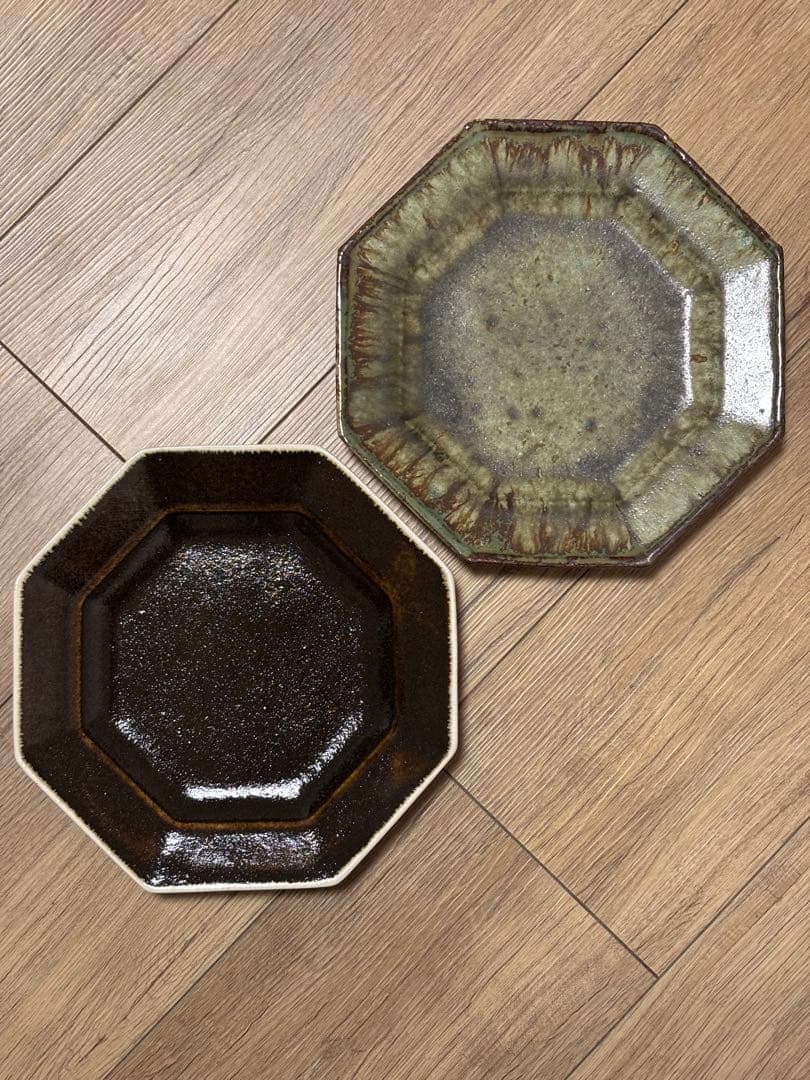 大沼道行 八角皿 Lサイズ 緑釉 黒釉 織部　　陶芸 ワンプレート 作家さん