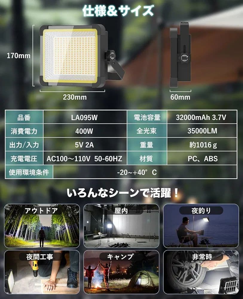 投光器 充電式 LED 40000lm 作業灯 400W 32000mAh 防水